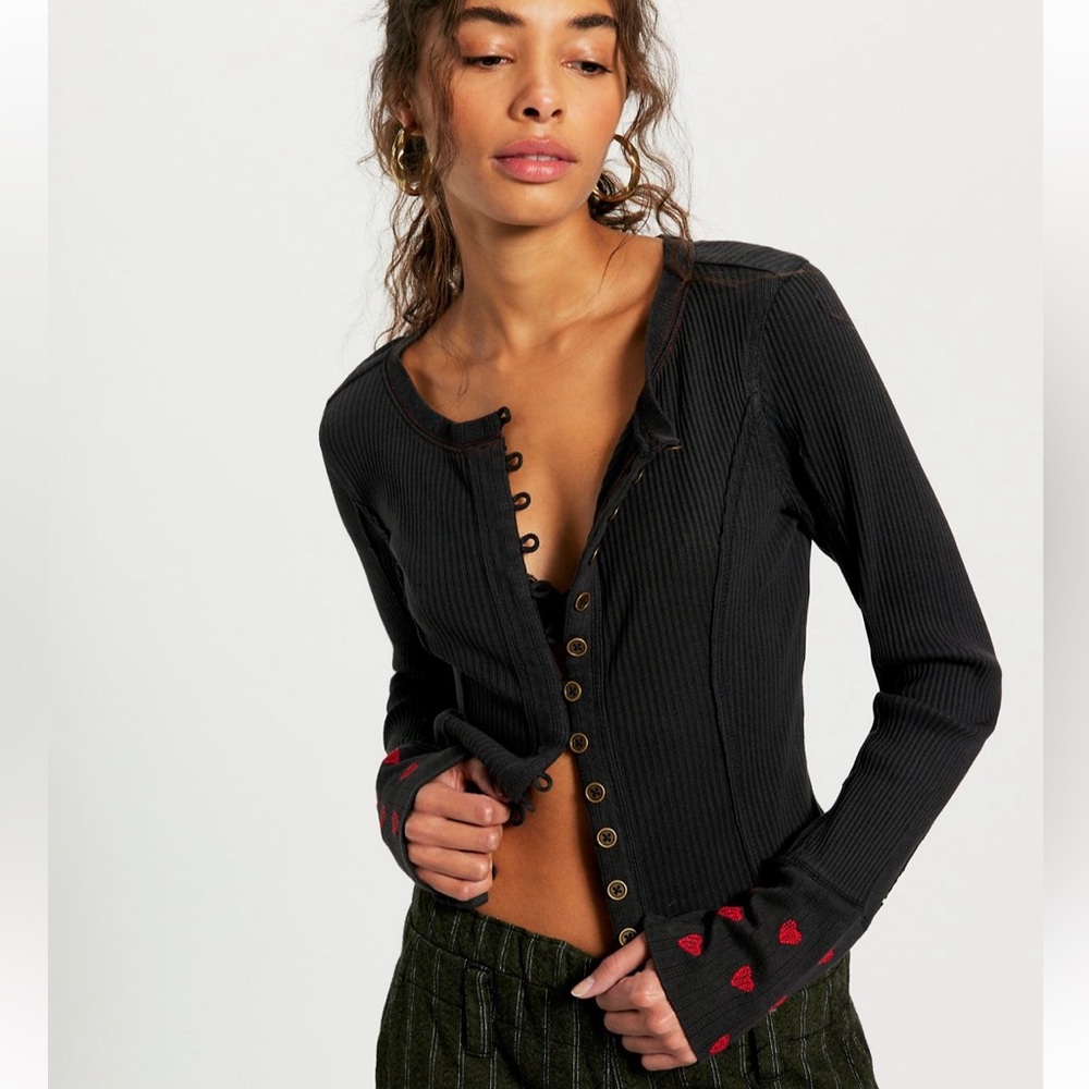 We The Free Daria Black Button-Up with Red Heart Accents on Cuffs L NWT $98